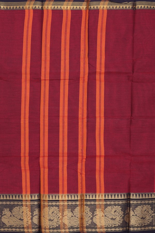 Chettinadu Cotton Saree In Burgundy Red With Peacock Border
