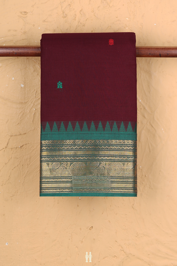 Chettinadu Cotton Saree In Coffee Brown With Threadwork Buttas
