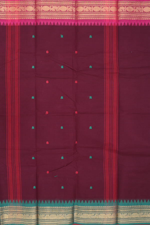 Chettinadu Cotton Saree In Coffee Brown With Threadwork Buttas