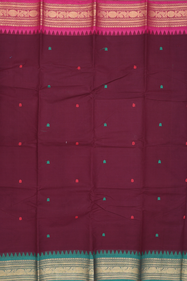 Chettinadu Cotton Saree In Coffee Brown With Threadwork Buttas