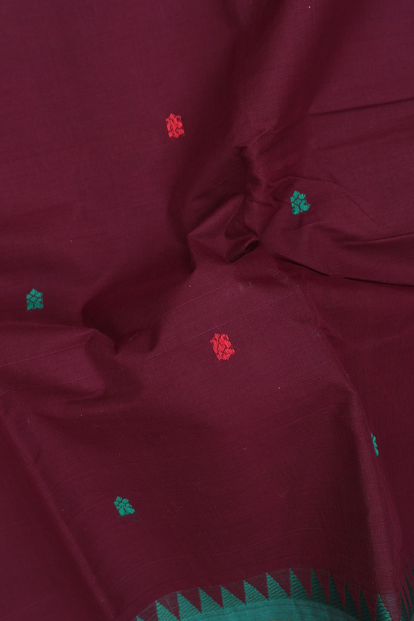 Chettinadu Cotton Saree In Coffee Brown With Threadwork Buttas