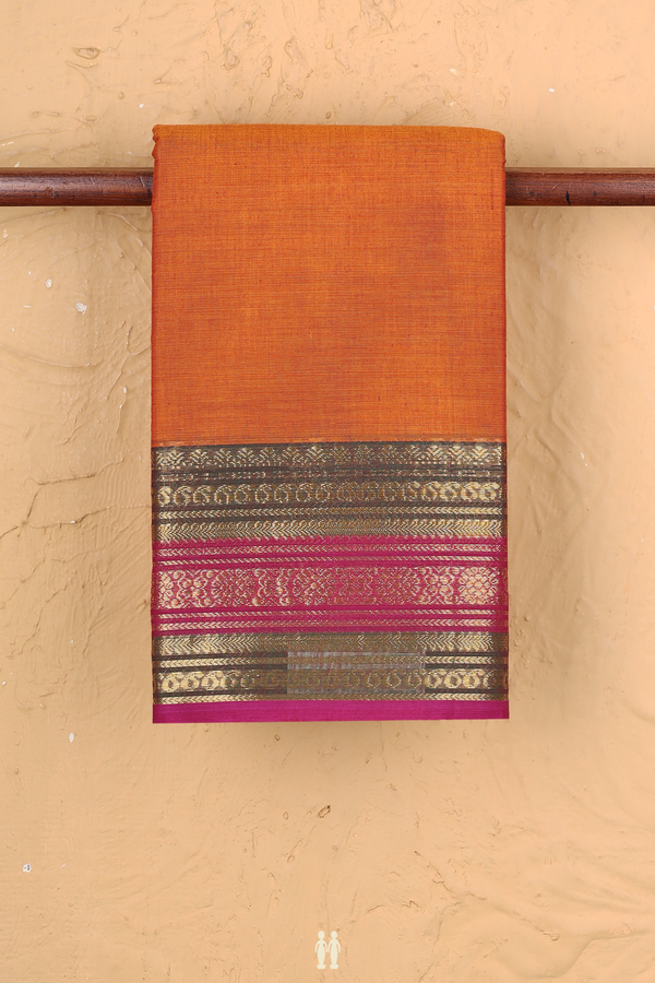 Chettinadu Cotton Saree In Copper Orange With Zari Border