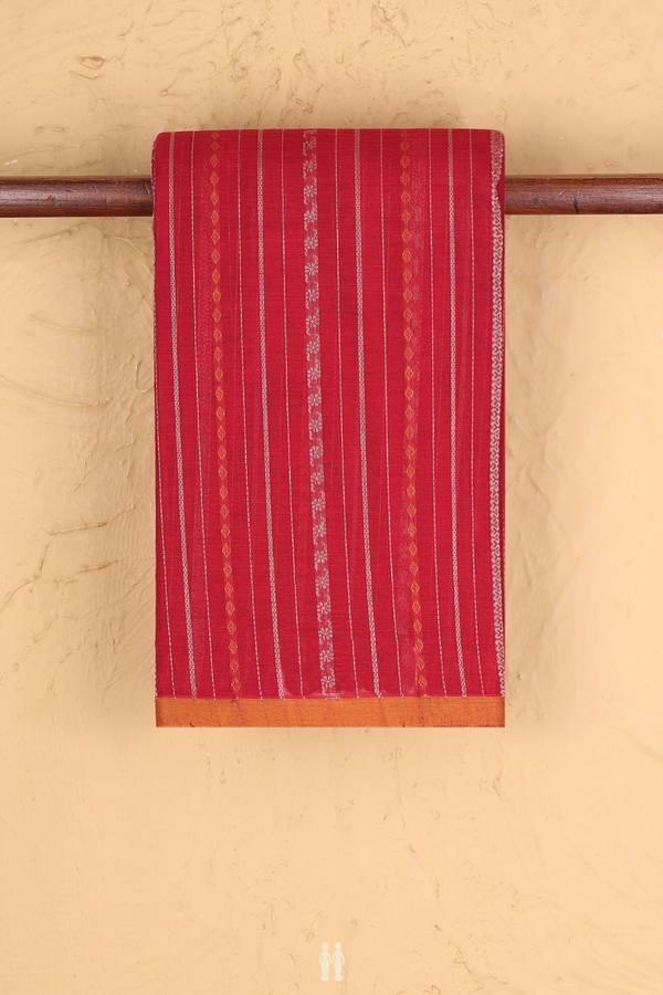 Chettinadu Cotton Saree In Crimson Red With Stripes Design