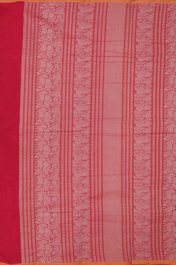 Chettinadu Cotton Saree In Crimson Red With Stripes Design