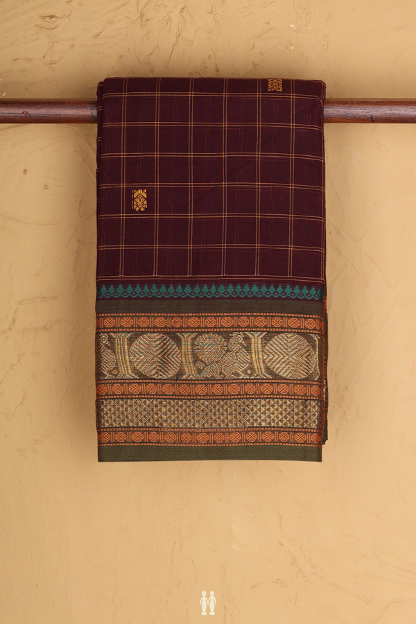 Chettinadu Cotton Saree In Dark Brown With Checks Design