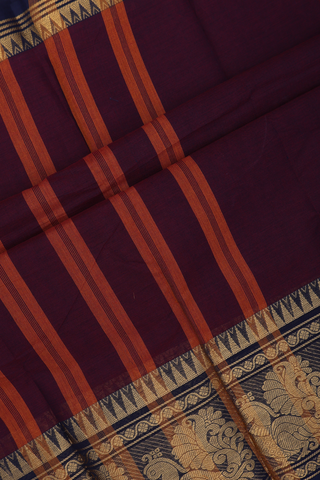 Chettinadu Cotton Saree In Dark Maroon With Peacock Border