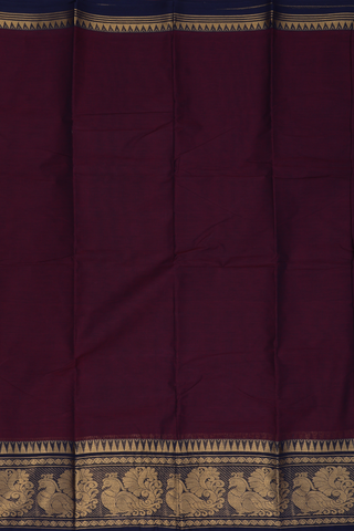 Chettinadu Cotton Saree In Dark Maroon With Peacock Border