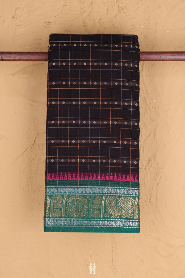 Chettinadu Cotton Saree In Dark Oak Brown With Checks Design