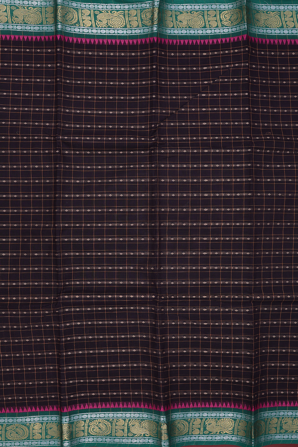 Chettinadu Cotton Saree In Dark Oak Brown With Checks Design