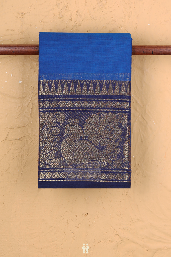 Chettinadu Cotton Saree In Indigo Blue With Peacock Border