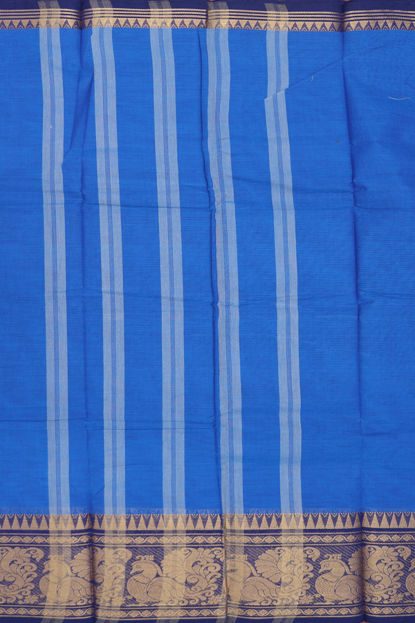 Chettinadu Cotton Saree In Indigo Blue With Peacock Border