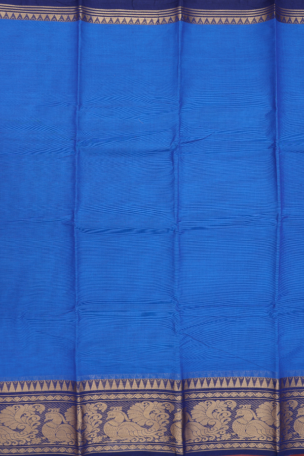 Chettinadu Cotton Saree In Indigo Blue With Peacock Border