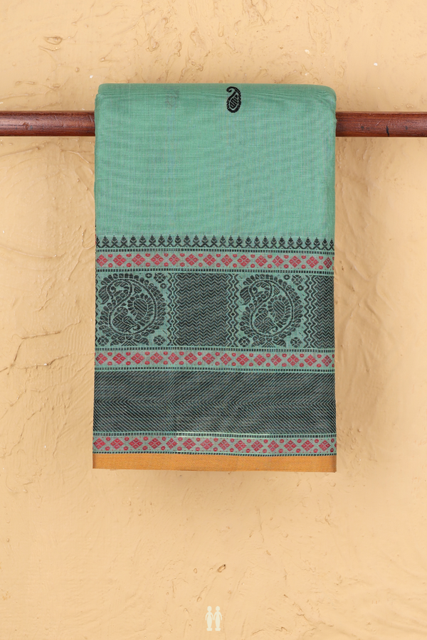 Chettinadu Cotton Saree In Dusty Green With Paisley Buttas