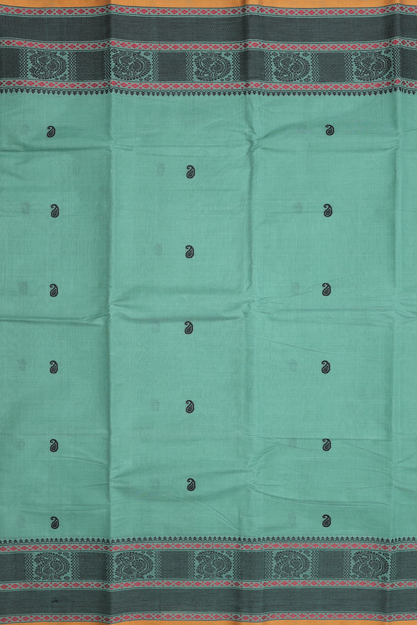 Chettinadu Cotton Saree In Dusty Green With Paisley Buttas