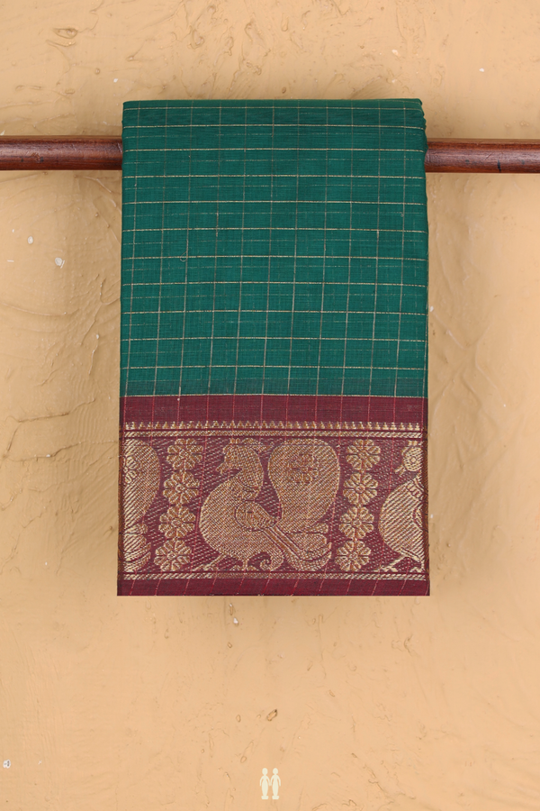 Chettinadu Cotton Saree In Emerald Green With Checks Design