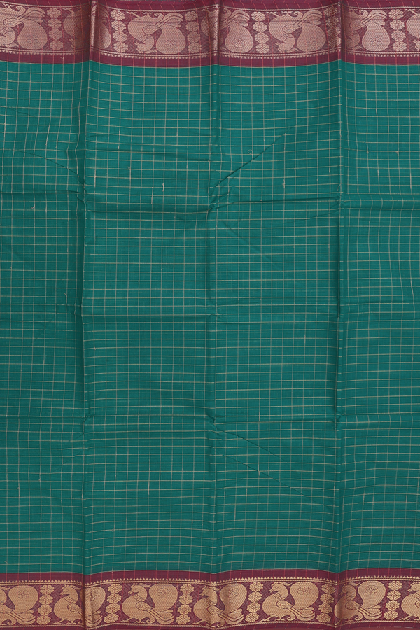 Chettinadu Cotton Saree In Emerald Green With Checks Design