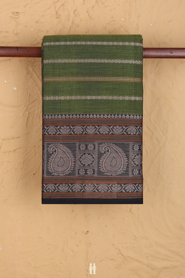 Chettinadu Cotton Saree In Fern Green With Stripes Design