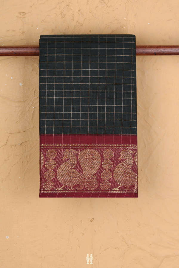 Chettinadu Cotton Saree In Forest Green With Checks Design