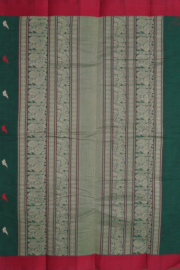 Chettinadu Cotton Saree In Forest Green With Parrot Buttas