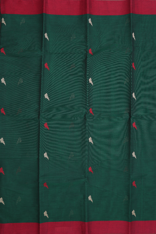 Chettinadu Cotton Saree In Forest Green With Parrot Buttas
