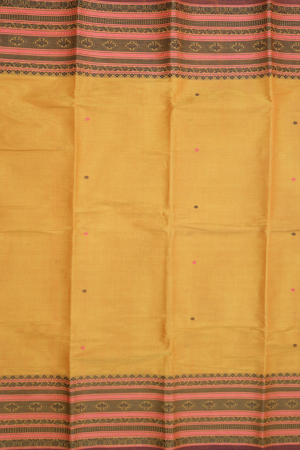 Chettinadu Cotton Saree In Golden Yellow With Floral Buttas