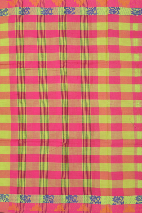 Chettinadu Cotton Saree In Green And Magenta With Checks
