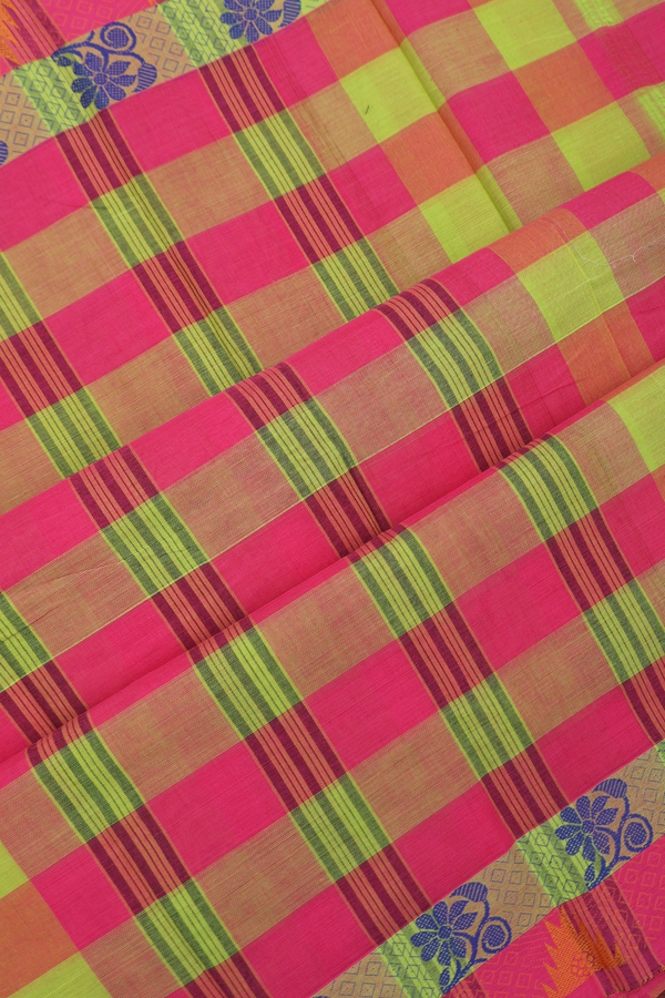Chettinadu Cotton Saree In Green And Magenta With Checks