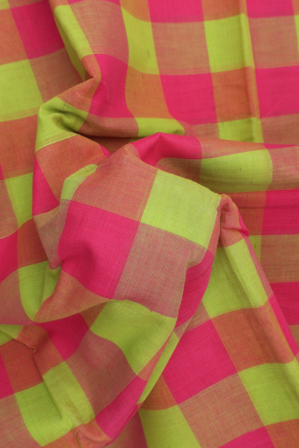 Chettinadu Cotton Saree In Green And Magenta With Checks