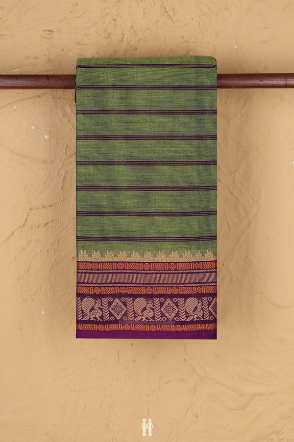 Chettinadu Cotton Saree In Green With Stripes Design