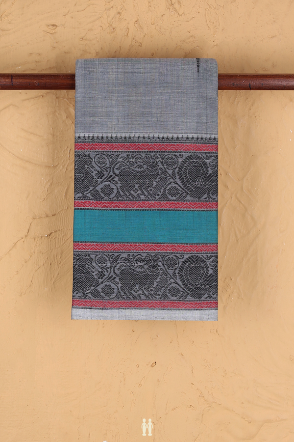 Chettinadu Cotton Saree In Grey With Threadwork Buttas