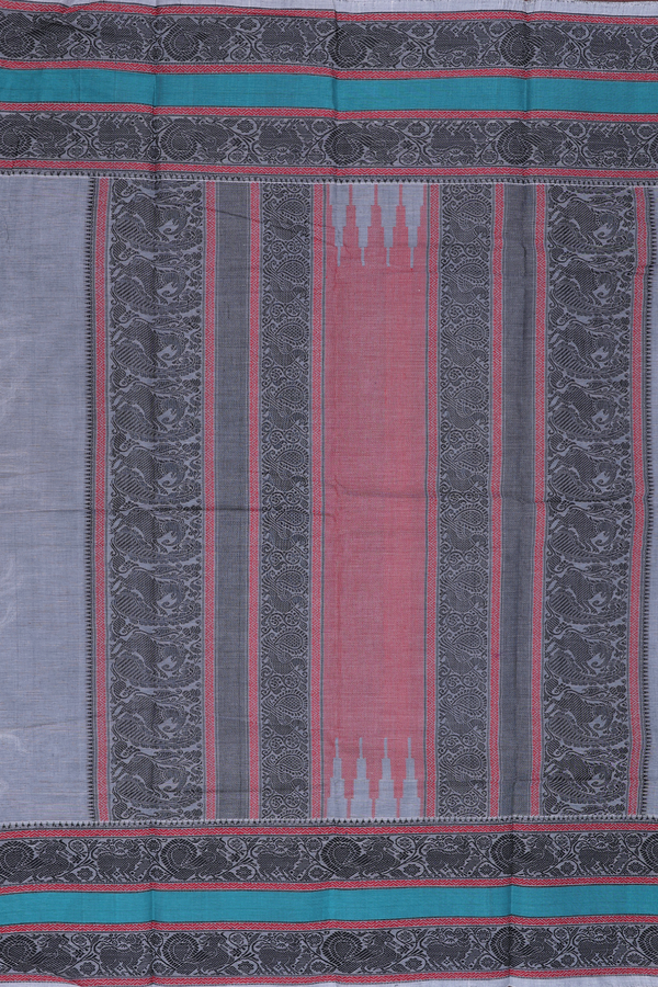 Chettinadu Cotton Saree In Grey With Threadwork Buttas