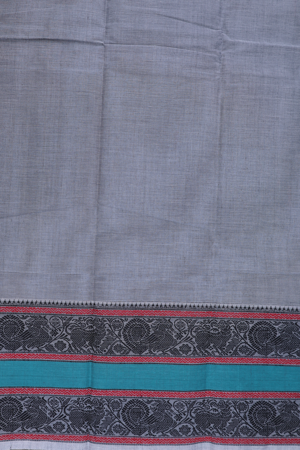 Chettinadu Cotton Saree In Grey With Threadwork Buttas