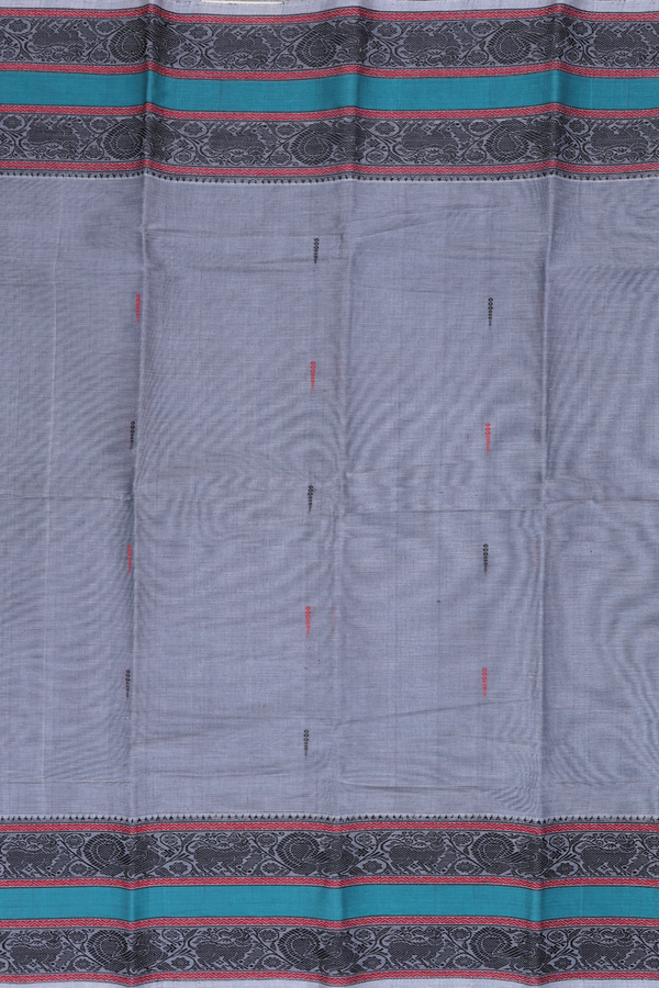 Chettinadu Cotton Saree In Grey With Threadwork Buttas