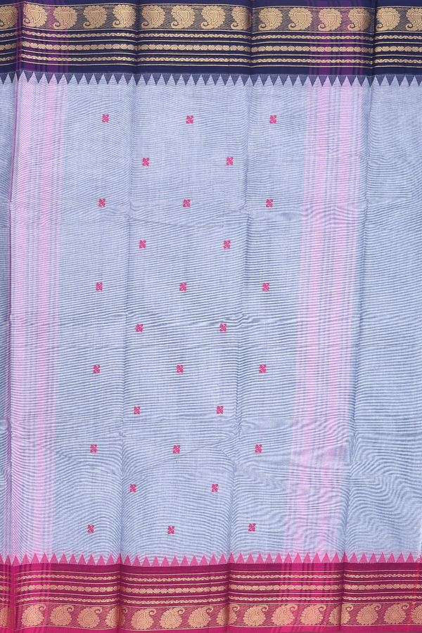 Chettinadu Cotton Saree In Grey With Threadwork Buttas