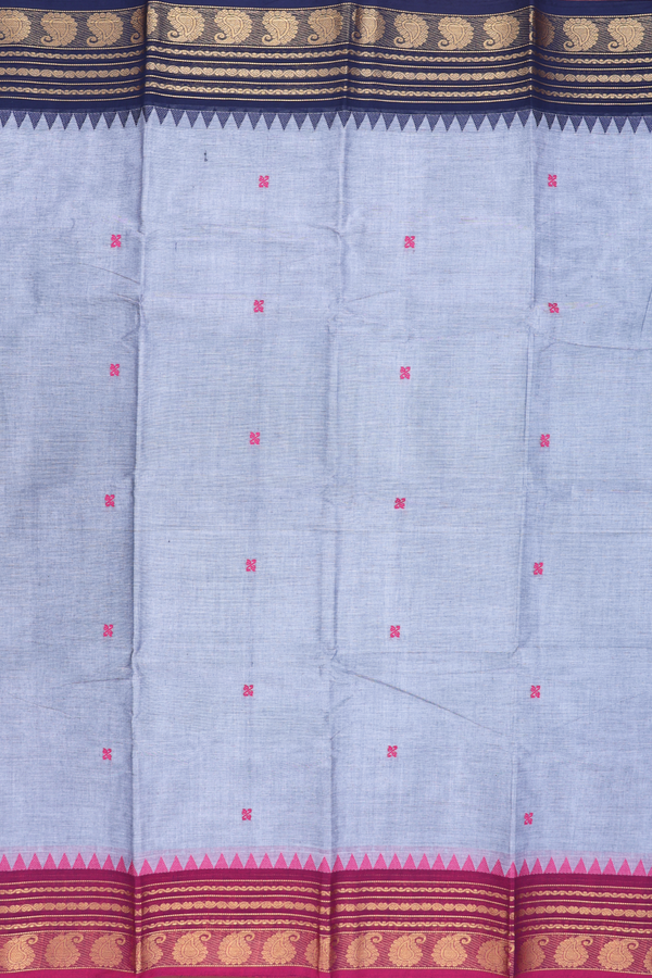 Chettinadu Cotton Saree In Grey With Threadwork Buttas