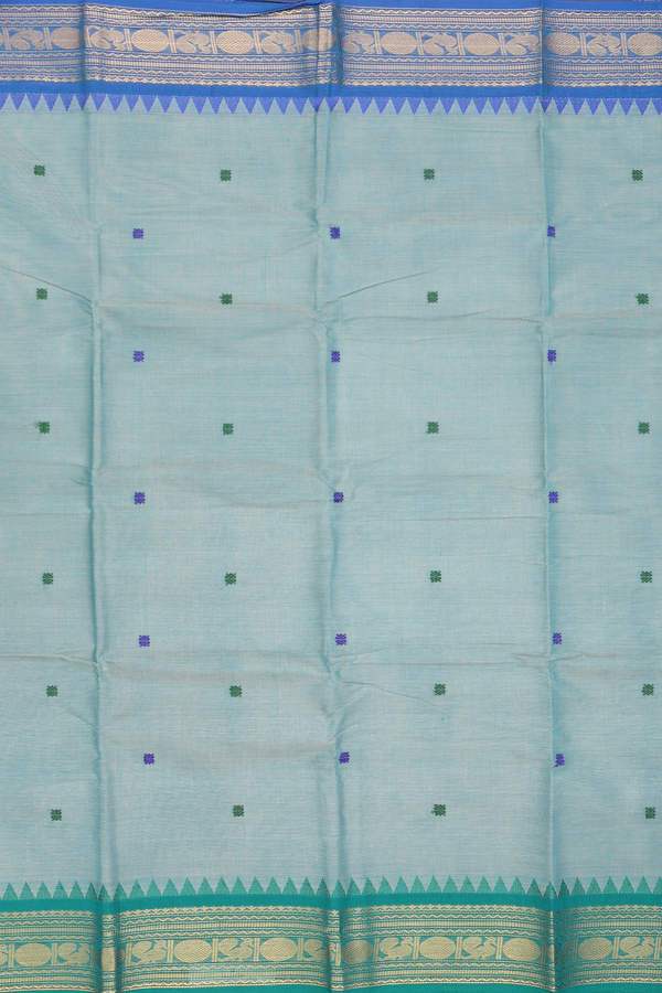 Chettinadu Cotton Saree In Green With Threadwork Buttas