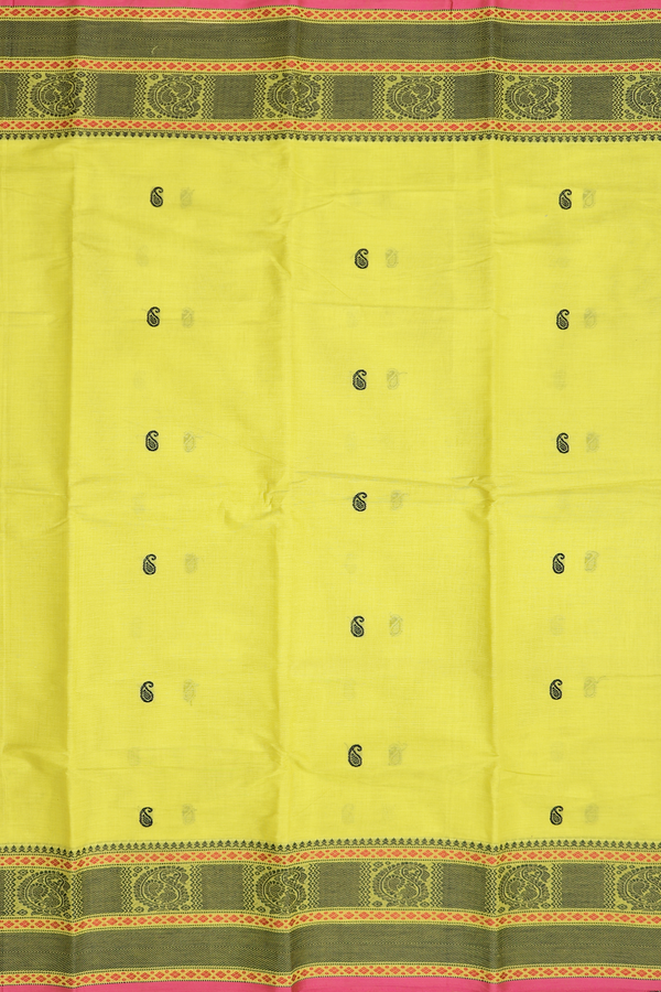 Chettinadu Cotton Saree In Lime Yellow With Paisley Buttis