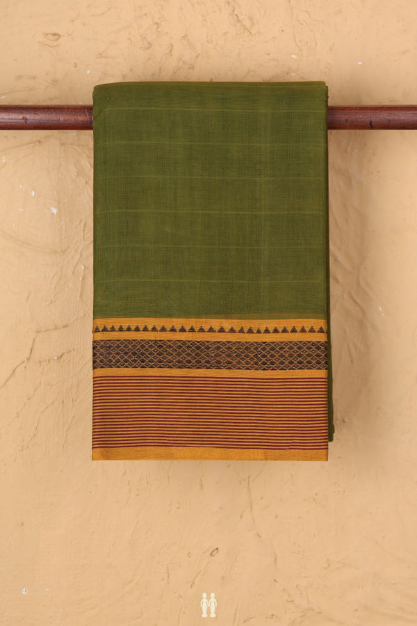 Chettinadu Cotton Saree In Mehendi Green With Self Stripes