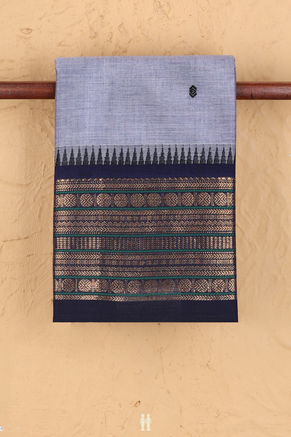 Chettinadu Cotton Saree In Misty Blue With Threadwork Buttas