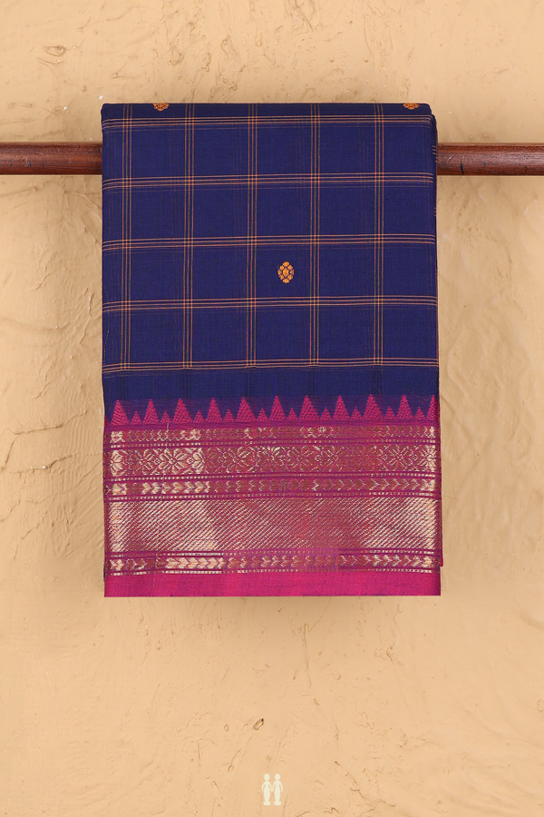 Chettinadu Cotton Saree In Navy Blue With Checks Design