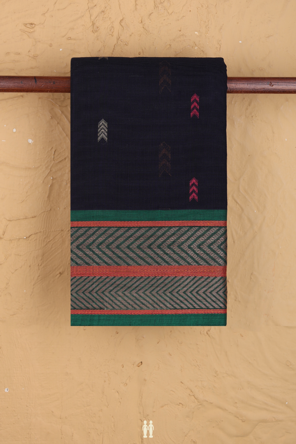 Chettinadu Cotton Saree In Navy Blue With Threadwork Buttas