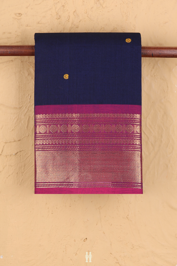 Chettinadu Cotton Saree In Navy Blue With Threadwork Buttas