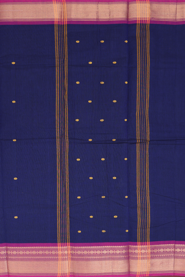 Chettinadu Cotton Saree In Navy Blue With Threadwork Buttas