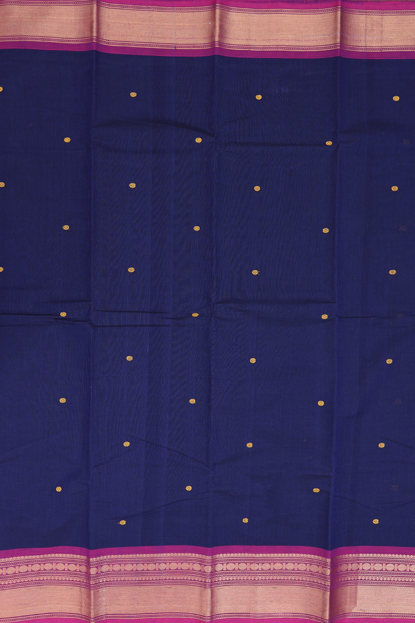 Chettinadu Cotton Saree In Navy Blue With Threadwork Buttas