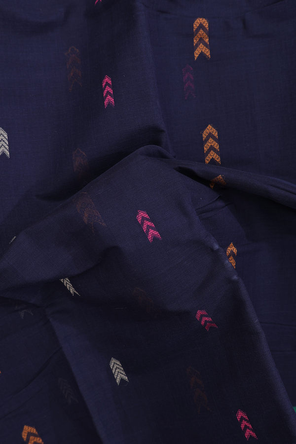 Chettinadu Cotton Saree In Navy Blue With Threadwork Buttas