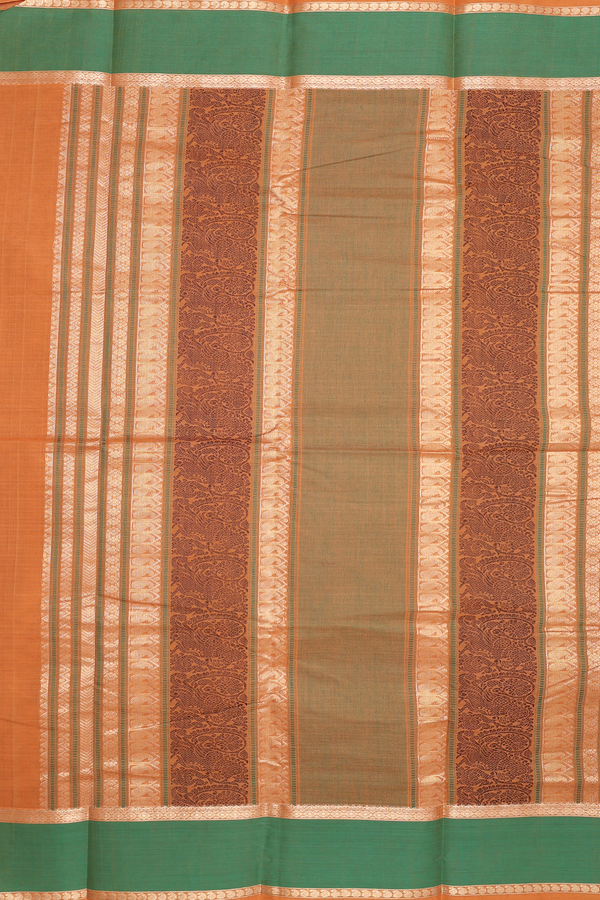 Chettinadu Cotton Saree In Ochre Orange With Stripes Design