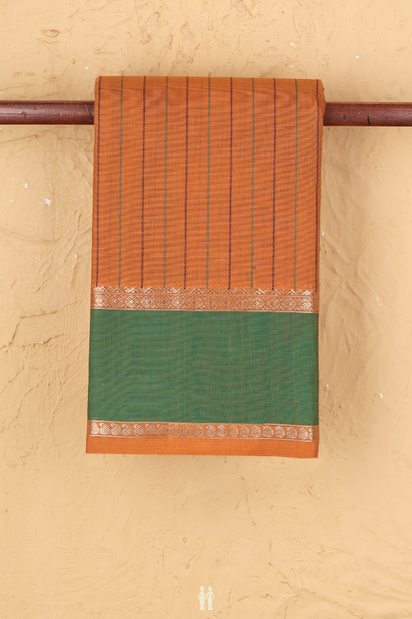 Chettinadu Cotton Saree In Ochre Orange With Stripes Design