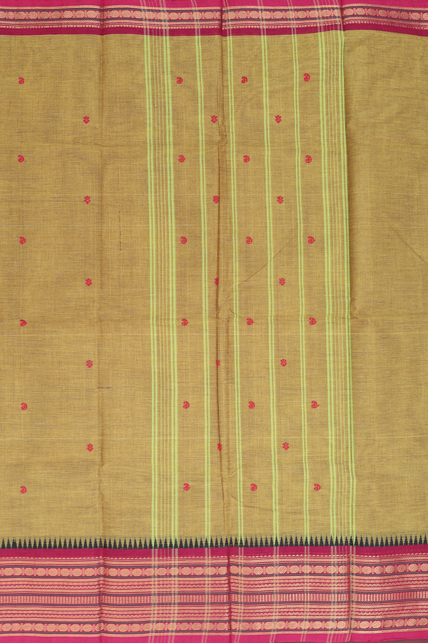 Chettinadu Cotton Saree In Olive Yellow With Floral Buttas