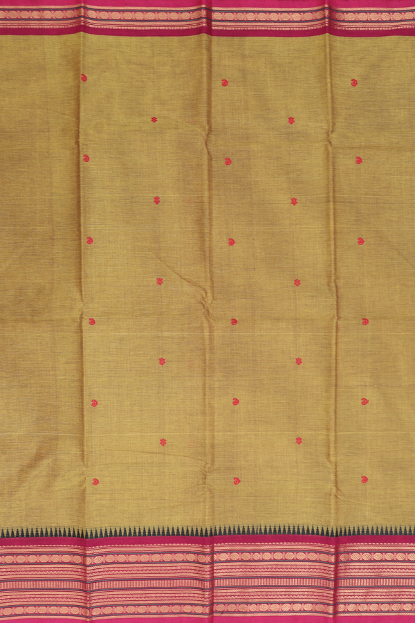 Chettinadu Cotton Saree In Olive Yellow With Floral Buttas