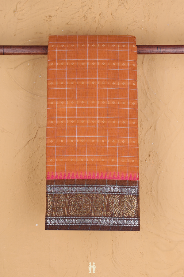 Chettinadu Cotton Saree In Orange With Checks Design